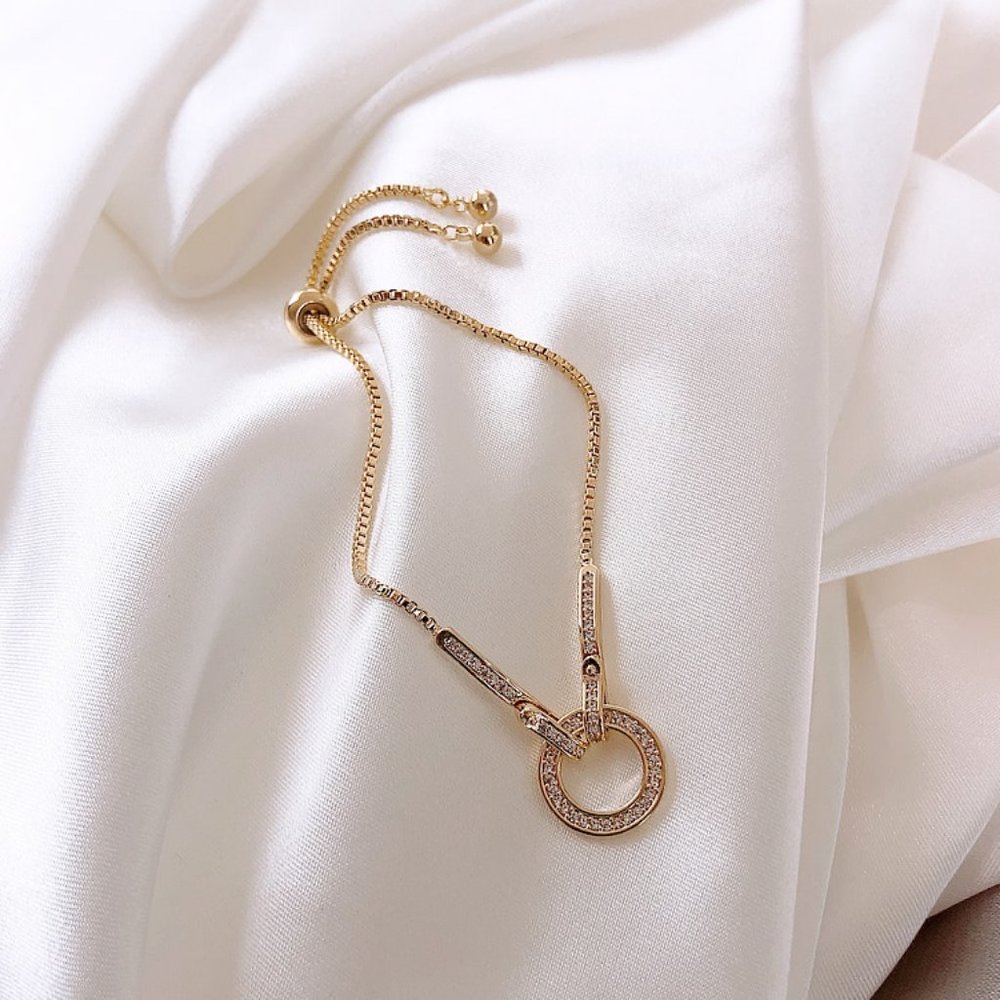 NEW Gold Circle Round Diamond Link Bar Adjustable Bracelet - Picture 4 of 9